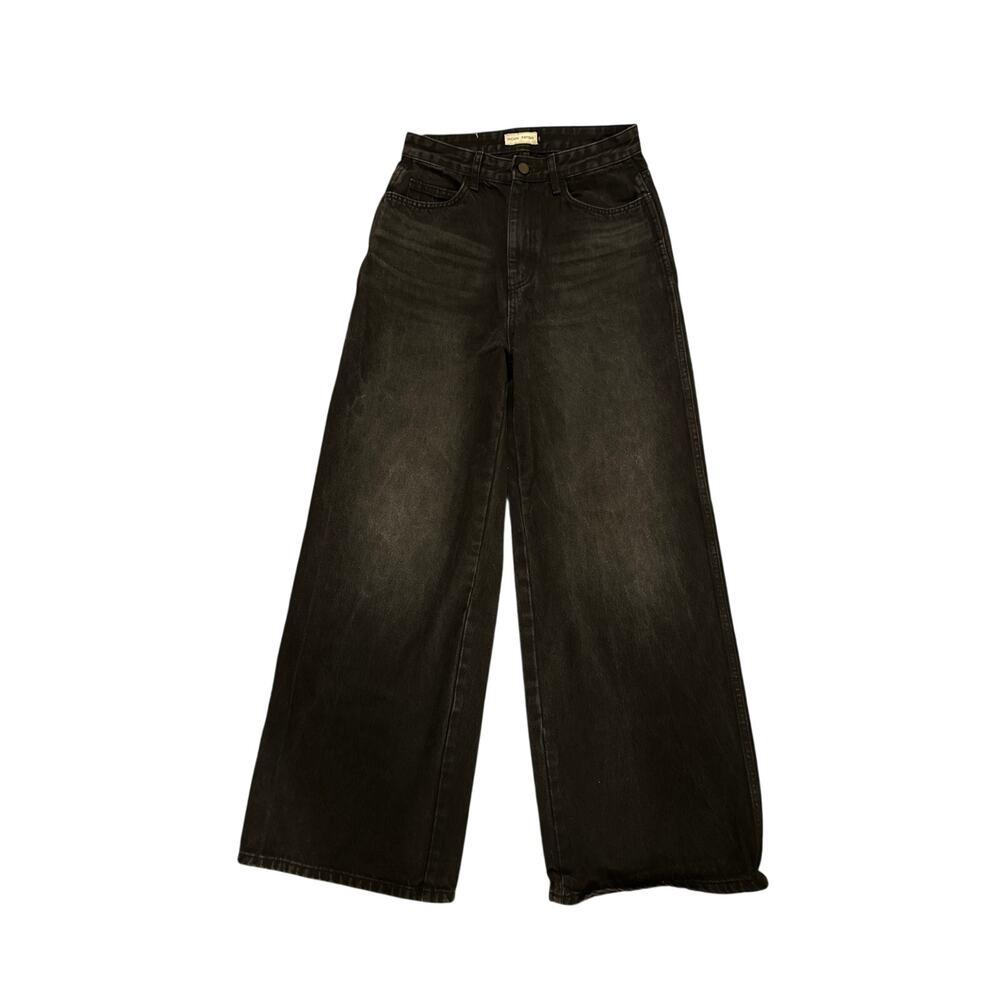 Women XS Facade Pattern Faded Black Denim Jeans Pants Wide Leg High Rise